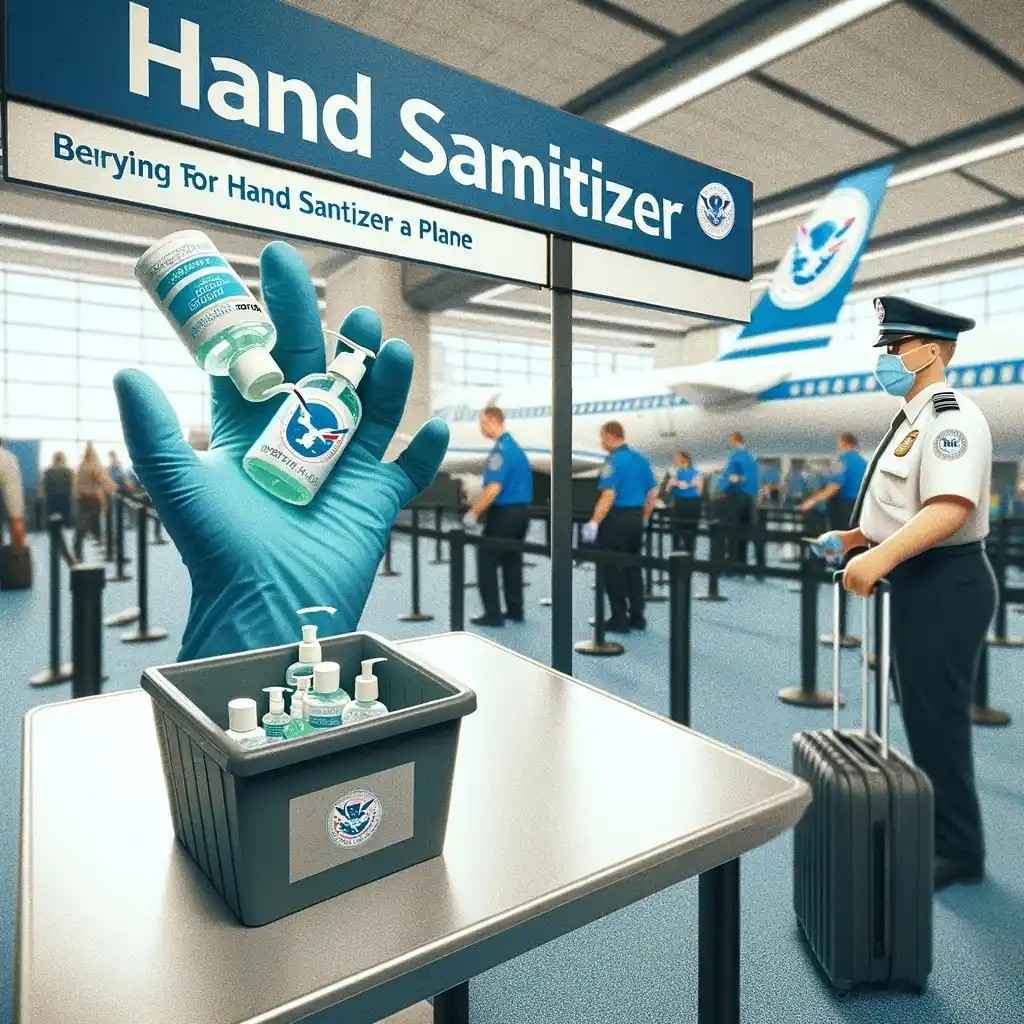 A TSA checkpoint where a sign prominently displays the guidelines for bringing hand sanitizer on a plane.