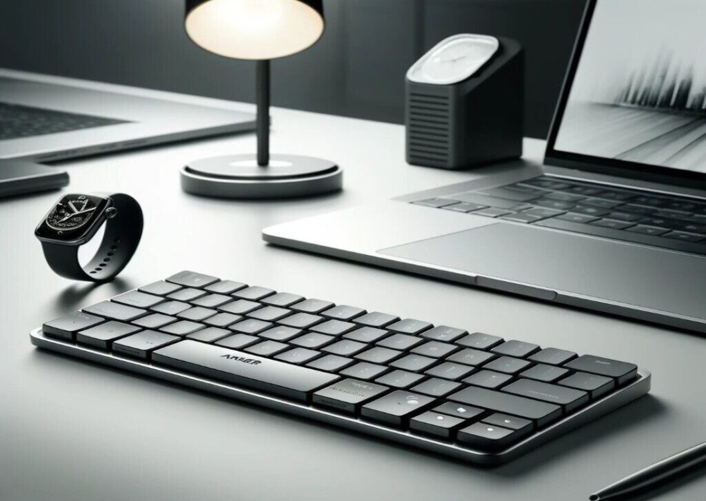 Anker Bluetooth Ultra-Slim Keyboard set up on a modern desk