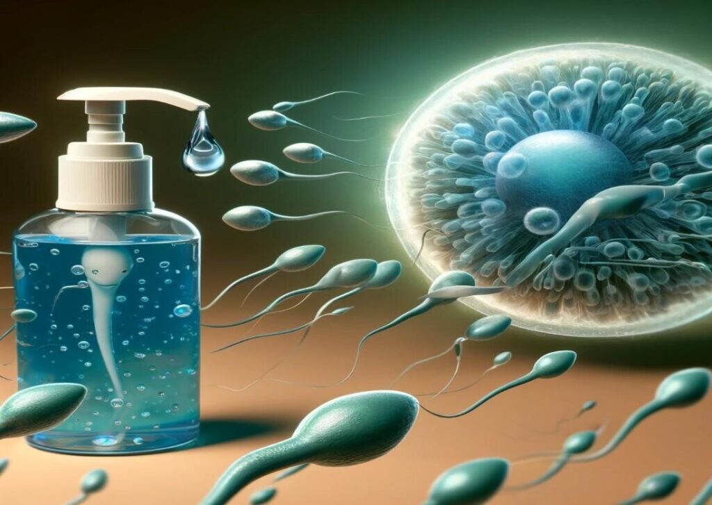 A conceptual art piece illustrating the interaction between hand sanitizer and human sperm cells.