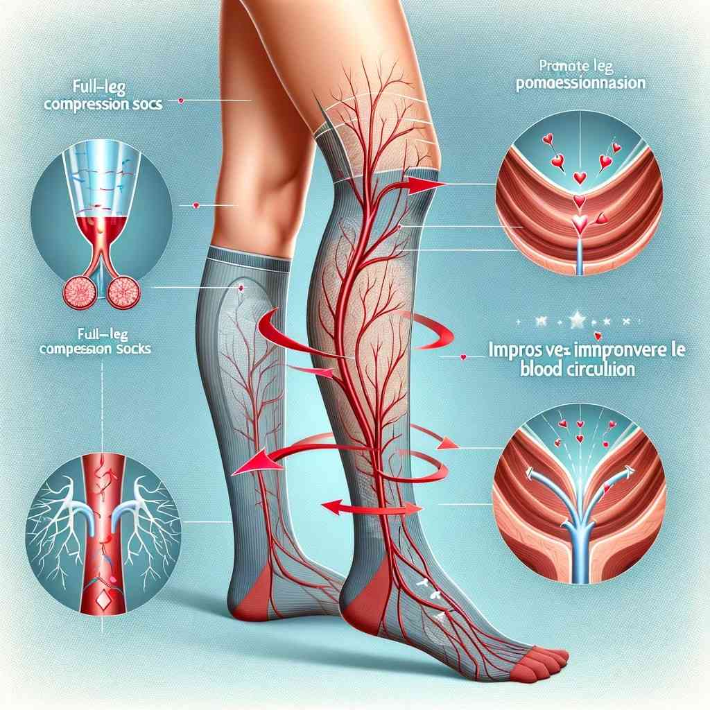 A diagram illustrating how full-leg compression socks promote blood circulation