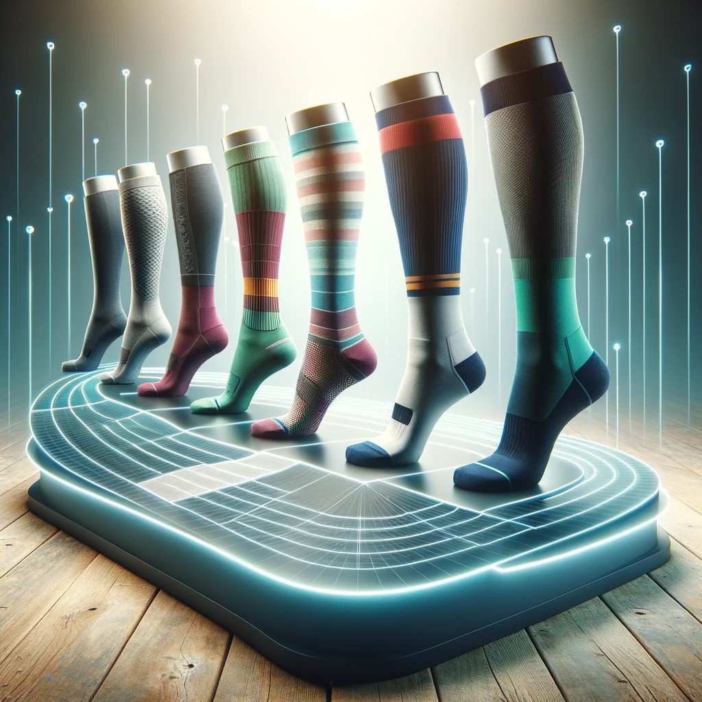 showcasing various types of full-leg compression socks arranged neatly