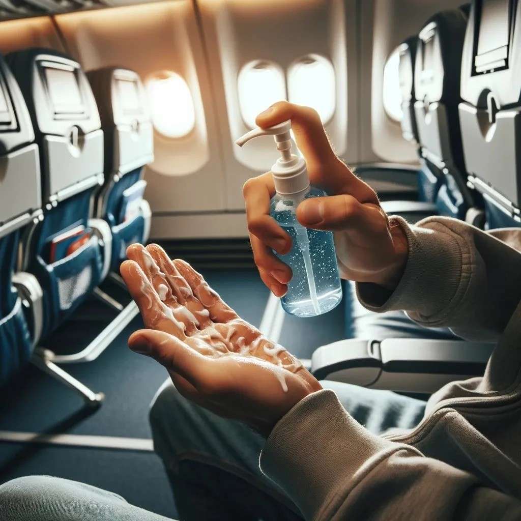 A passenger in their seat on a plane, applying hand sanitizer whether Can You Bring Hand Sanitizer on a Plane?