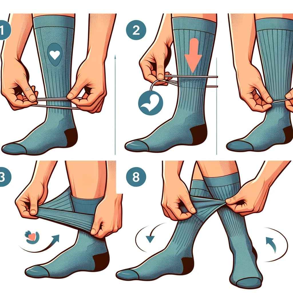 A step-by-step process of putting on full-leg compression socks