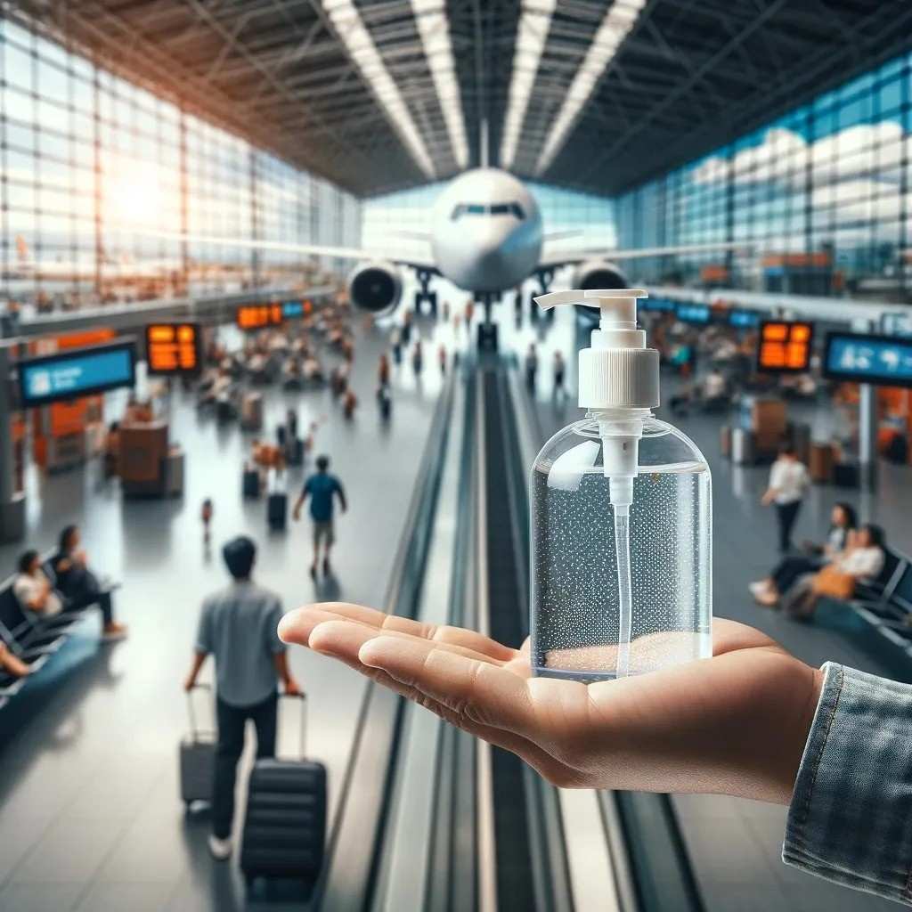 A traveler at the airport, looking over their shoulder while holding a clear, travel-sized hand sanitizer bottle. 