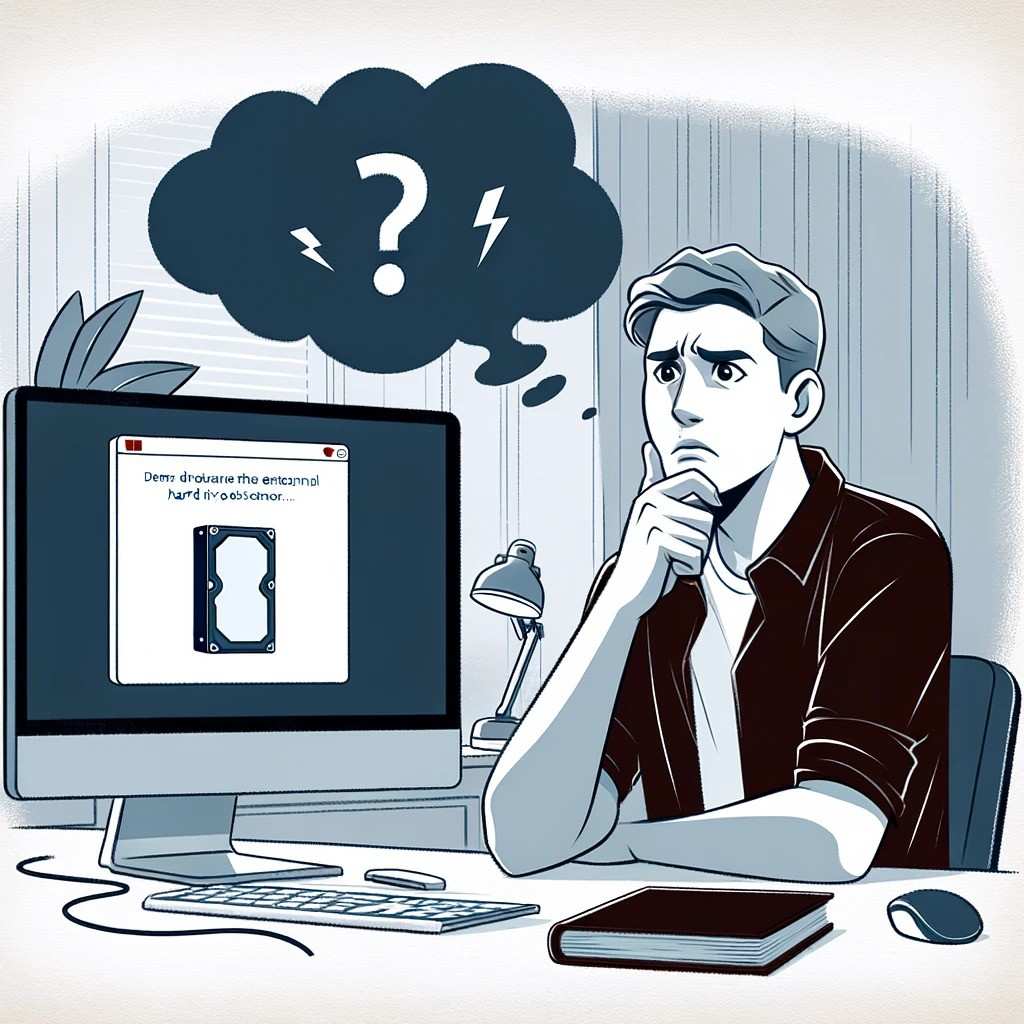 A user looks puzzled and frustrated watching an error message about the external hard drive disconnects randomly