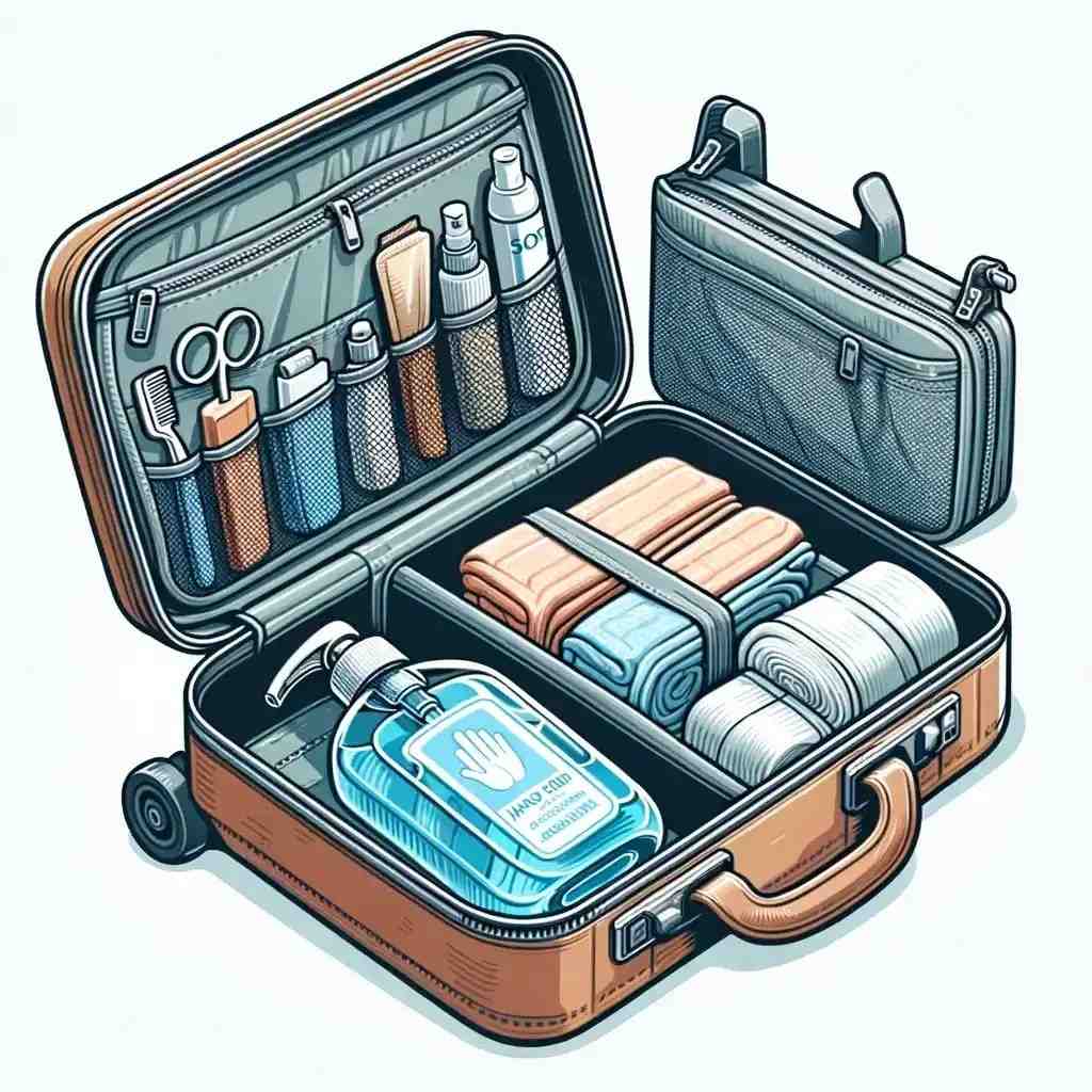 An open suitcase with a neatly organized section for travel-sized toiletries, including a hand sanitizer bottle.