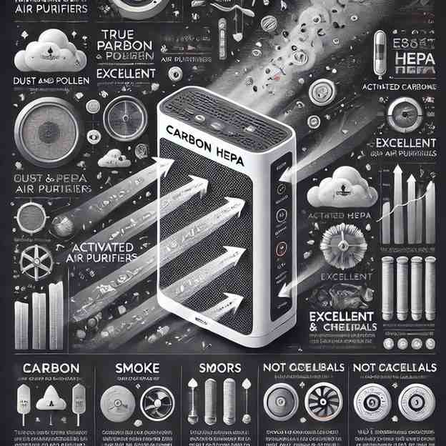 a detailed infographic on the efficiency of Carbon HEPA air purifiers