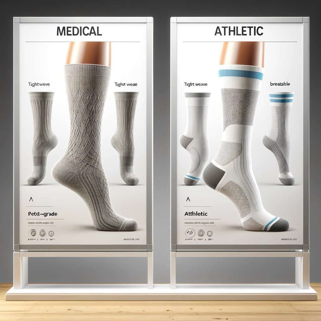 Display side-by-side images of a medical-grade and an athletic full-leg compression sock