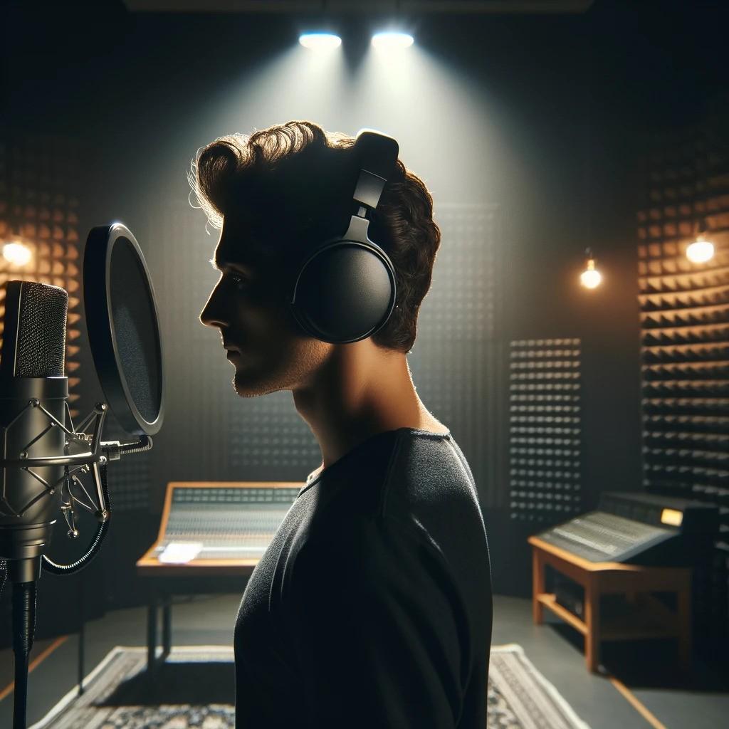 a vocalist stands with best headphones for recording vocals