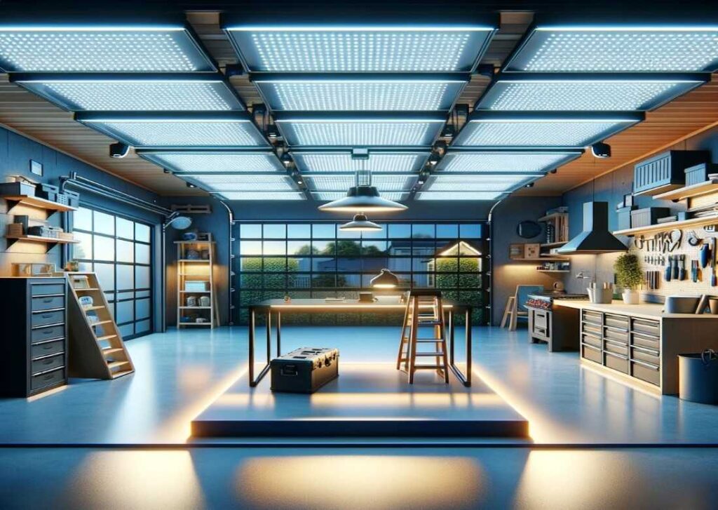 a modern garage equipped with advanced 3-panel LED garage lights