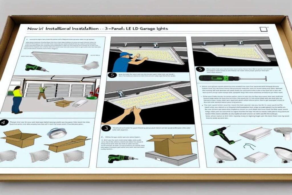 illustrating a step-by-step installation guide for 3-panel LED garage lights