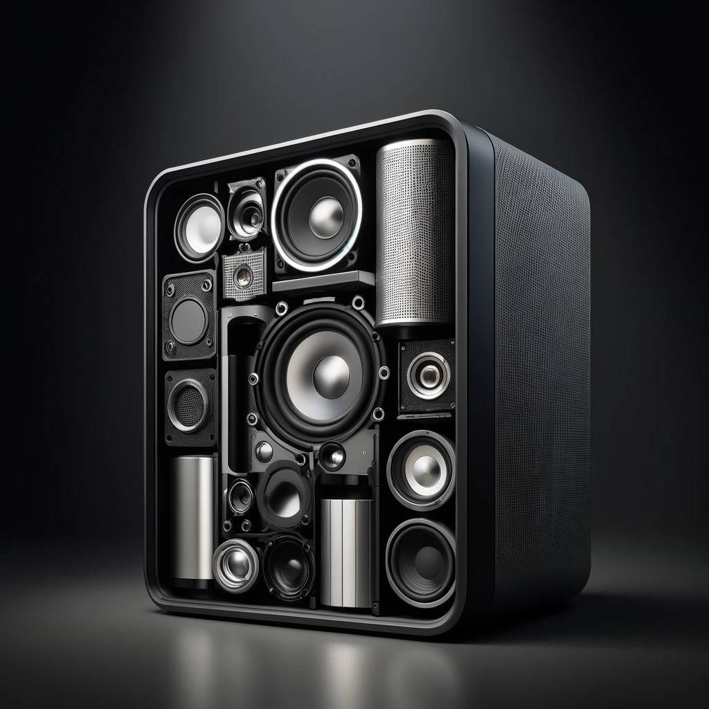 A high-tech speaker box featuring an array of speakers of various sizes and shapes.