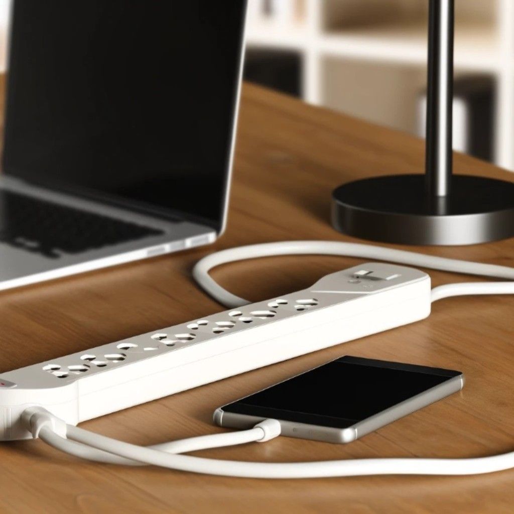 the power strip on a wooden desk 