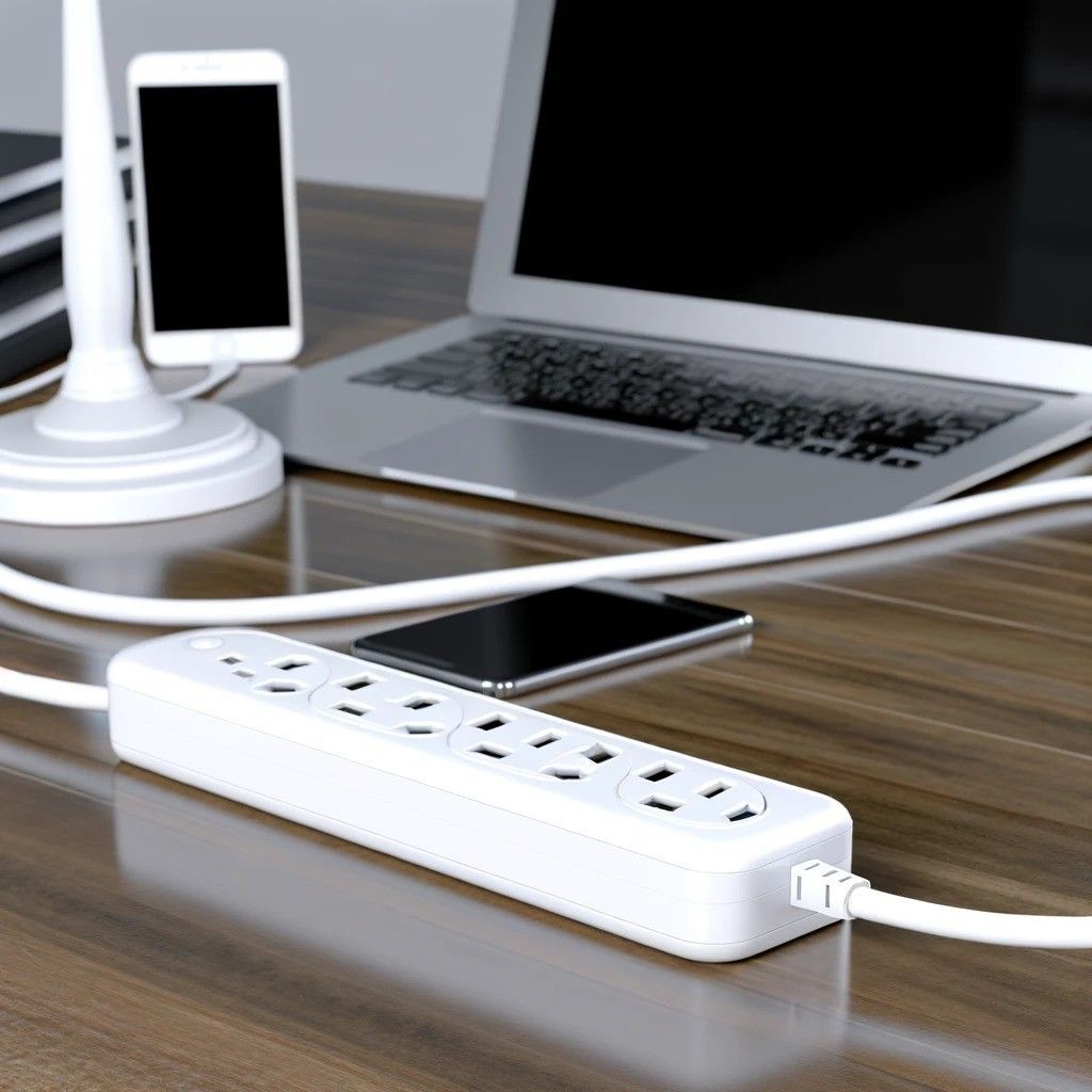 a wooden desk with various electronic devices