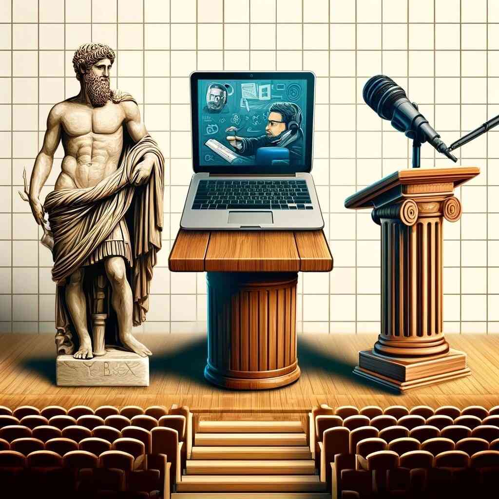 depicting an ancient Roman rostrum a modern digital webinar setup and a traditional wooden lectern.