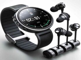 A concept design for a smart watch with integrated earbuds.