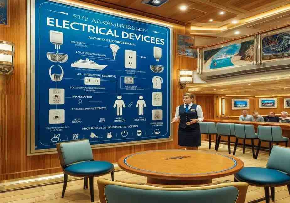 A cruise ship information center with a wall displaying policies on electrical devices.