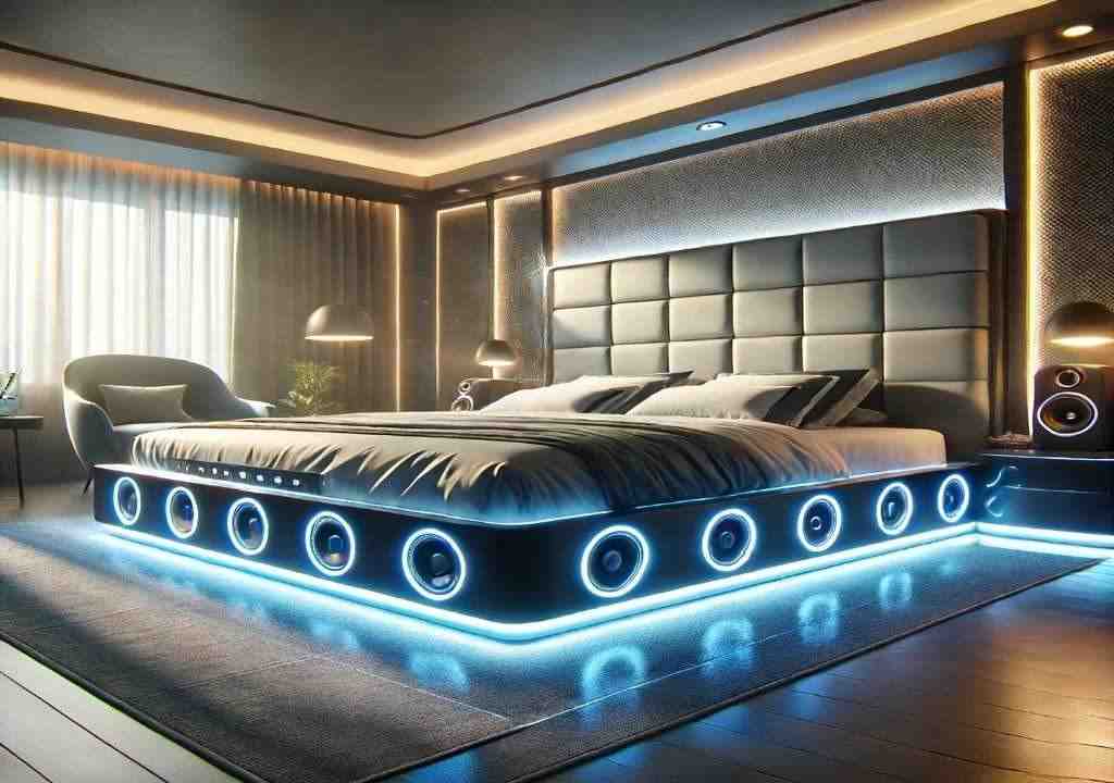 Integrated Bed with Bluetooth speakers and lights.