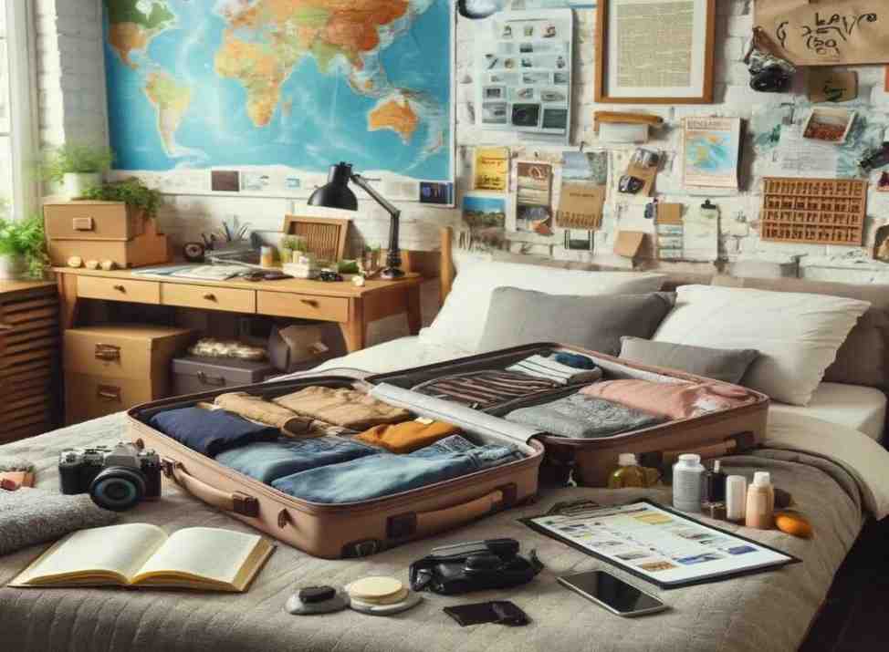 A travel bloggers bed room filled with unpacked luggage and travel essentials.