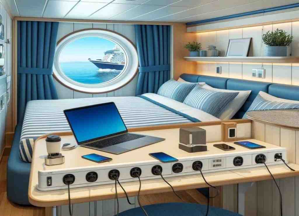 A well-organized cruise ship cabin with multiple electronic devices connected to a power strip.