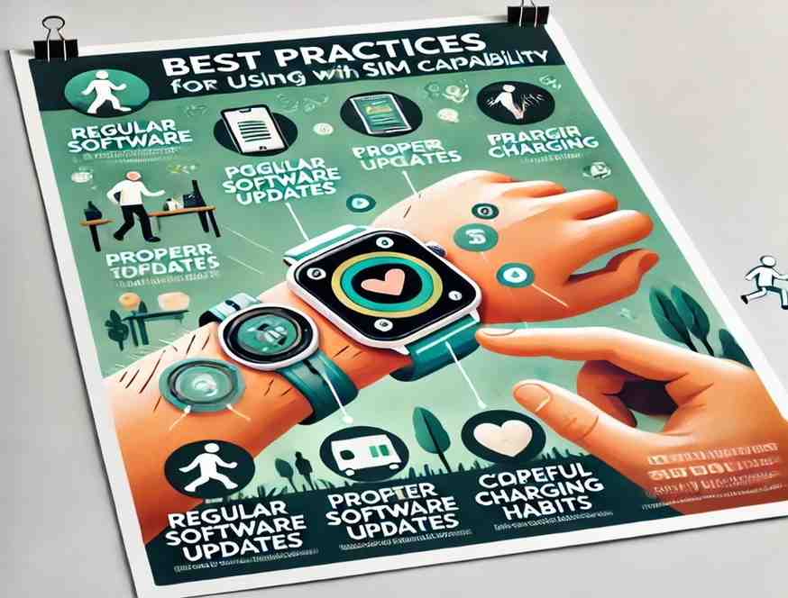 An educational poster illustrating best practices for using and maintaining a smart watch with SIM capability