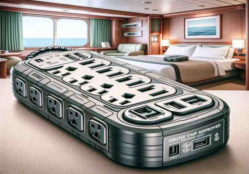 A cruise ship approved power strip featuring several unique attributes.