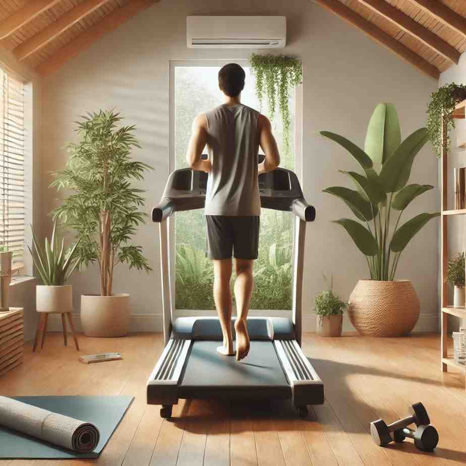 A serene home gym setting with a treadmill and a person walking barefoot on it.