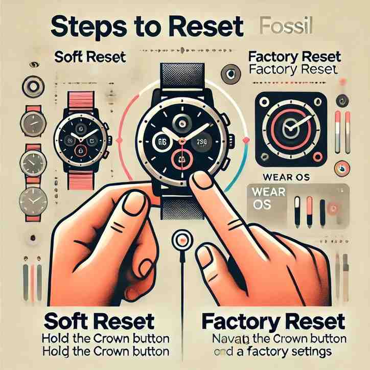 to reset a Fossil smartwatch, covering both soft and factory reset options